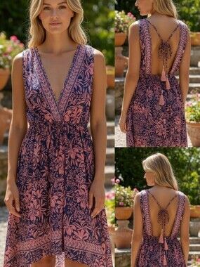 V-Neck Floral Tie-Back Dress in Pink and Navy